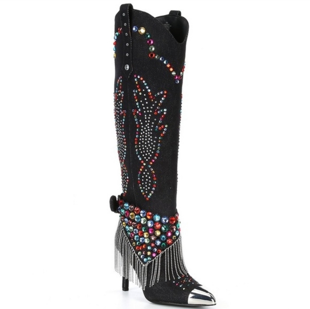 Black Embellished High Heel Knee Boot with Multicolor Gems Zise 8.5